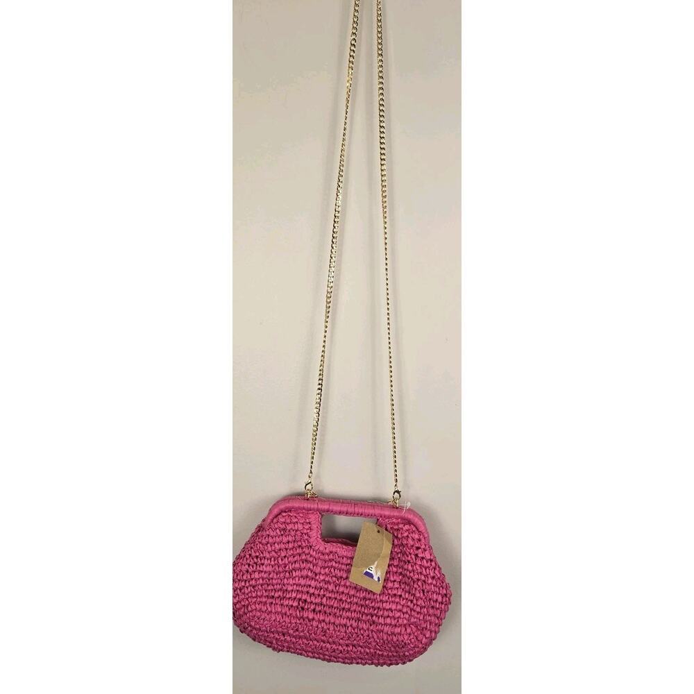 Hot Pink Woven Raffia Handbag Cross Body Chain NEW 12x7" Tropical Resort Coquett - Picture 7 of 9